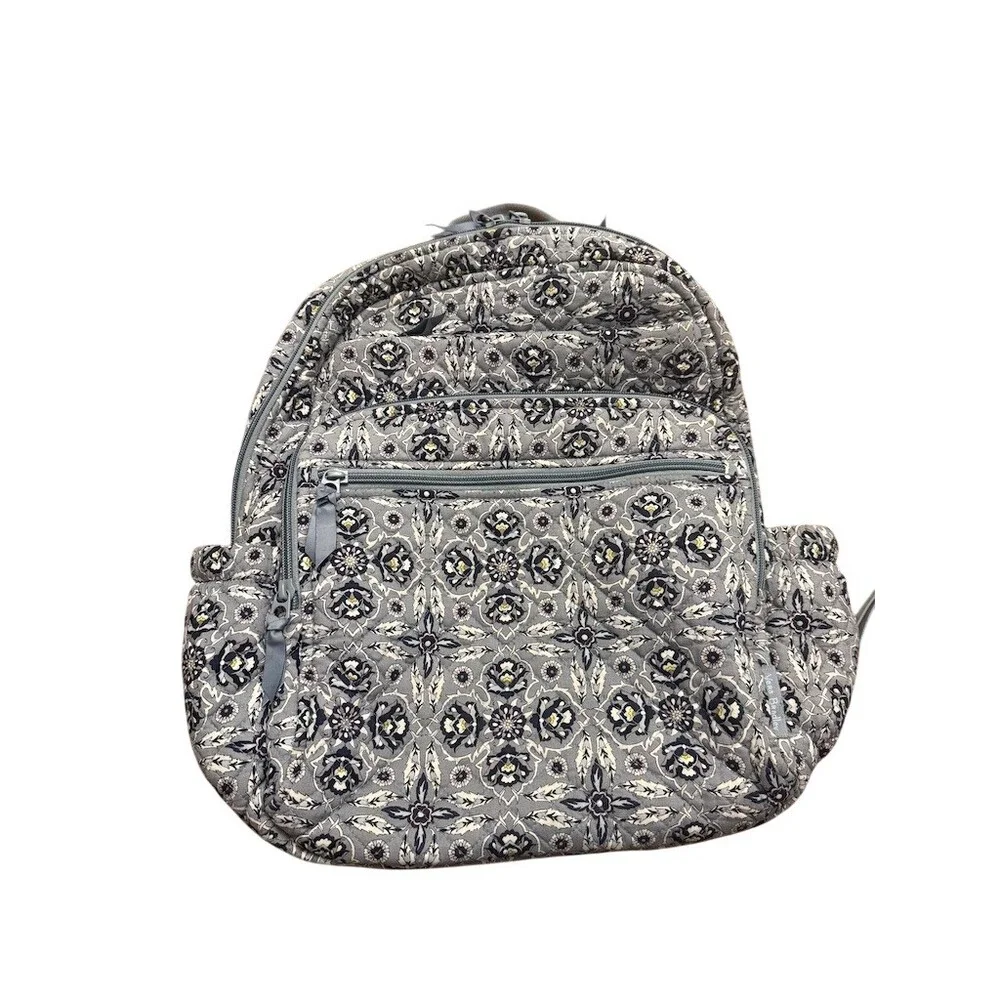 Vera Bradley XL Campus Backpack Gray Blue Quilted Floral Medallion + wristlet